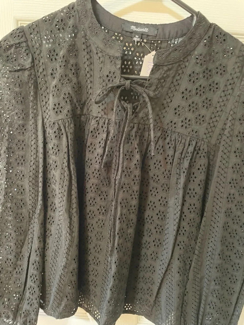 Madewell XS Eyelet Lace Peasant Blouse Tie Neck Boho Top 🖤